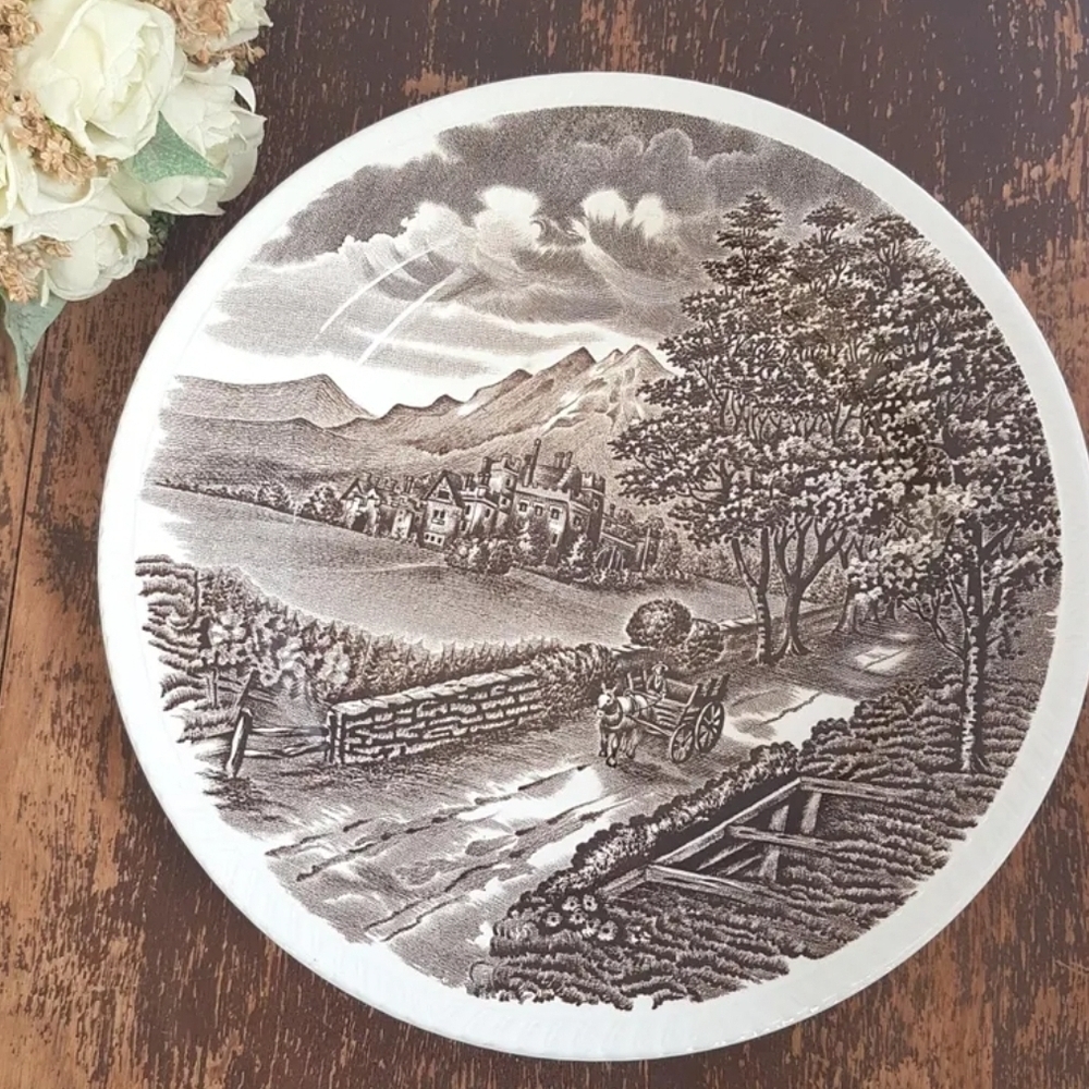 3pc Brown Transferware Dinner Plates: Wood & Sons Westmorland Country Village